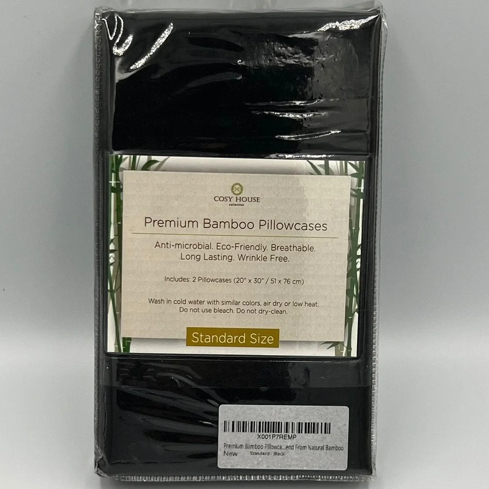 Cosy House Bamboo Pillowcase Set Standard Black 2pk Wrinkle Free New